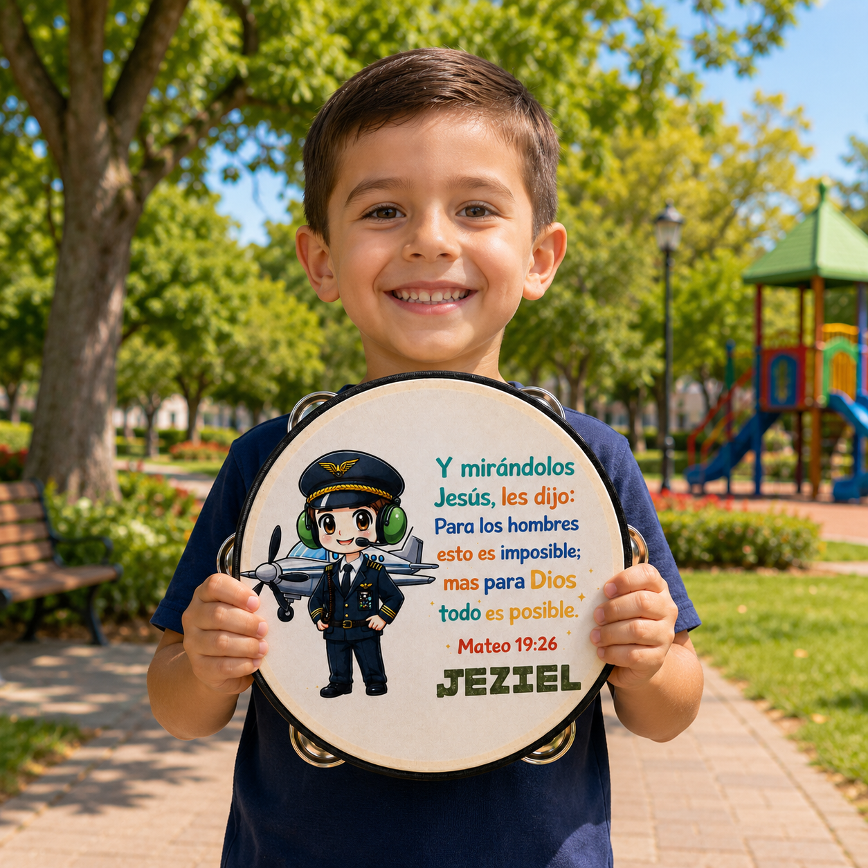 (Matthew 19:26) Tambourine for Boys (Custom Text Included)