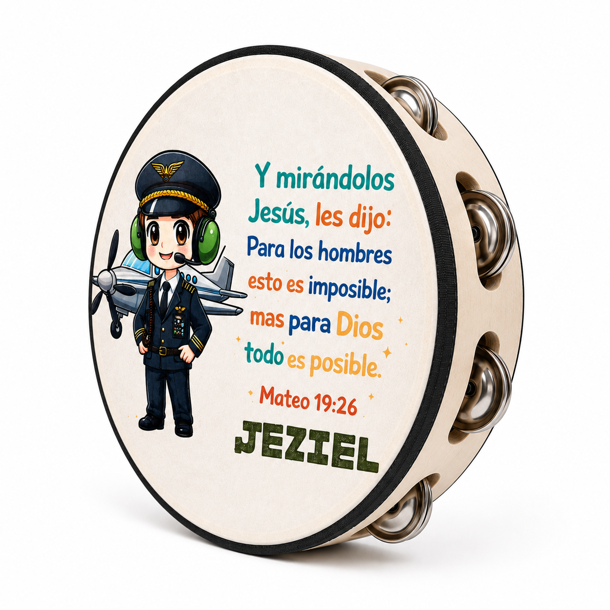 (Matthew 19:26)  Tambourine for Boys (Custom Text Included)