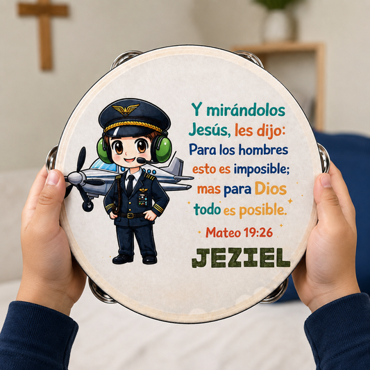 (Matthew 19:26)  Tambourine for Boys (Custom Text Included)