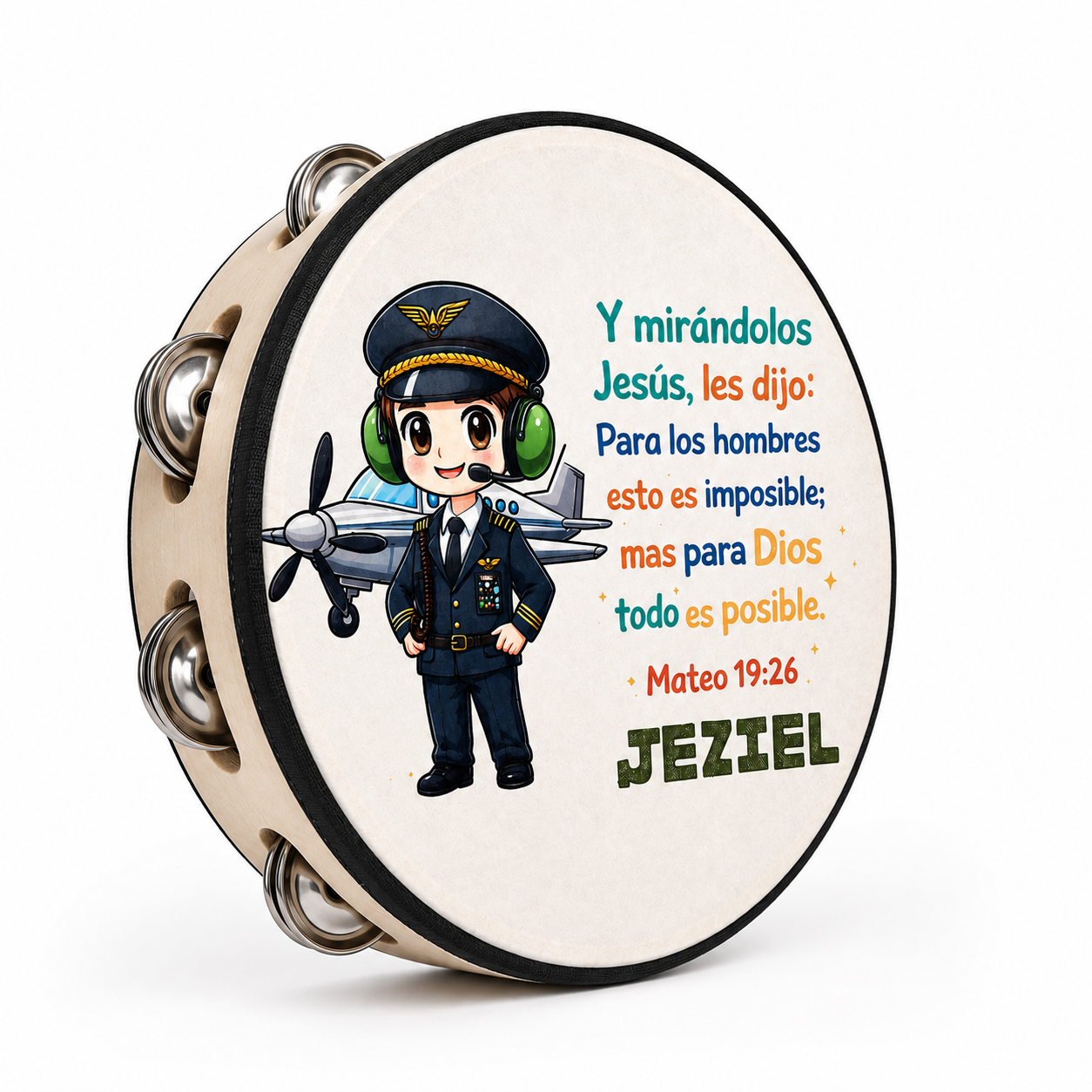 (Matthew 19:26)  Tambourine for Boys (Custom Text Included)