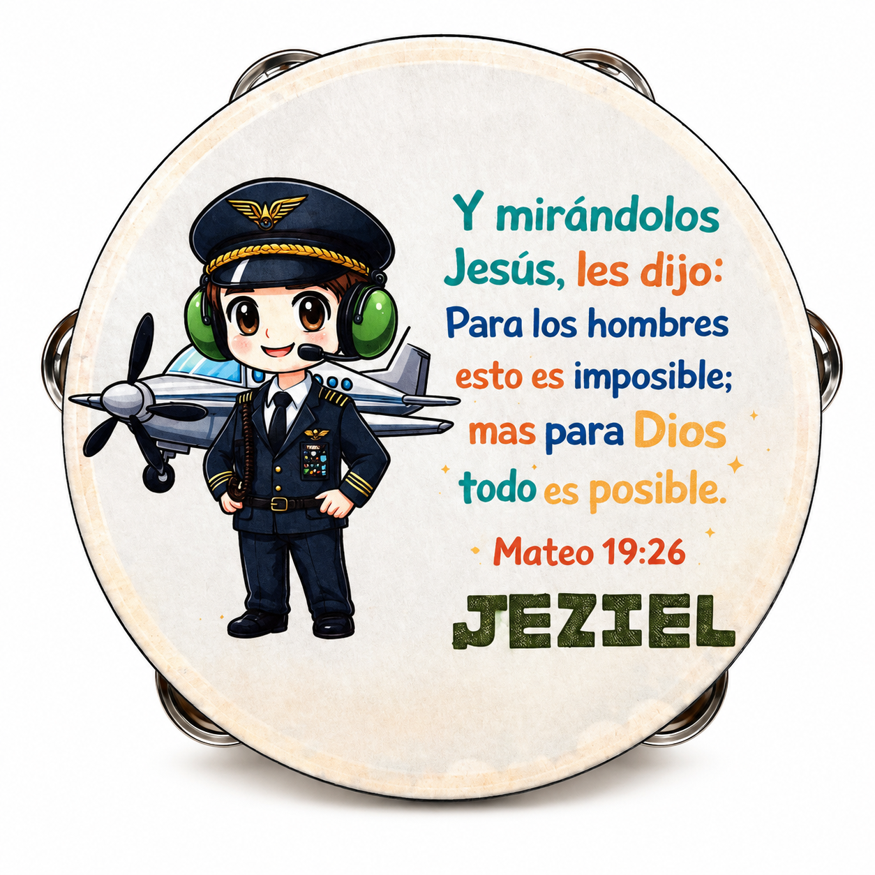 (Matthew 19:26)  Tambourine for Boys (Custom Text Included)