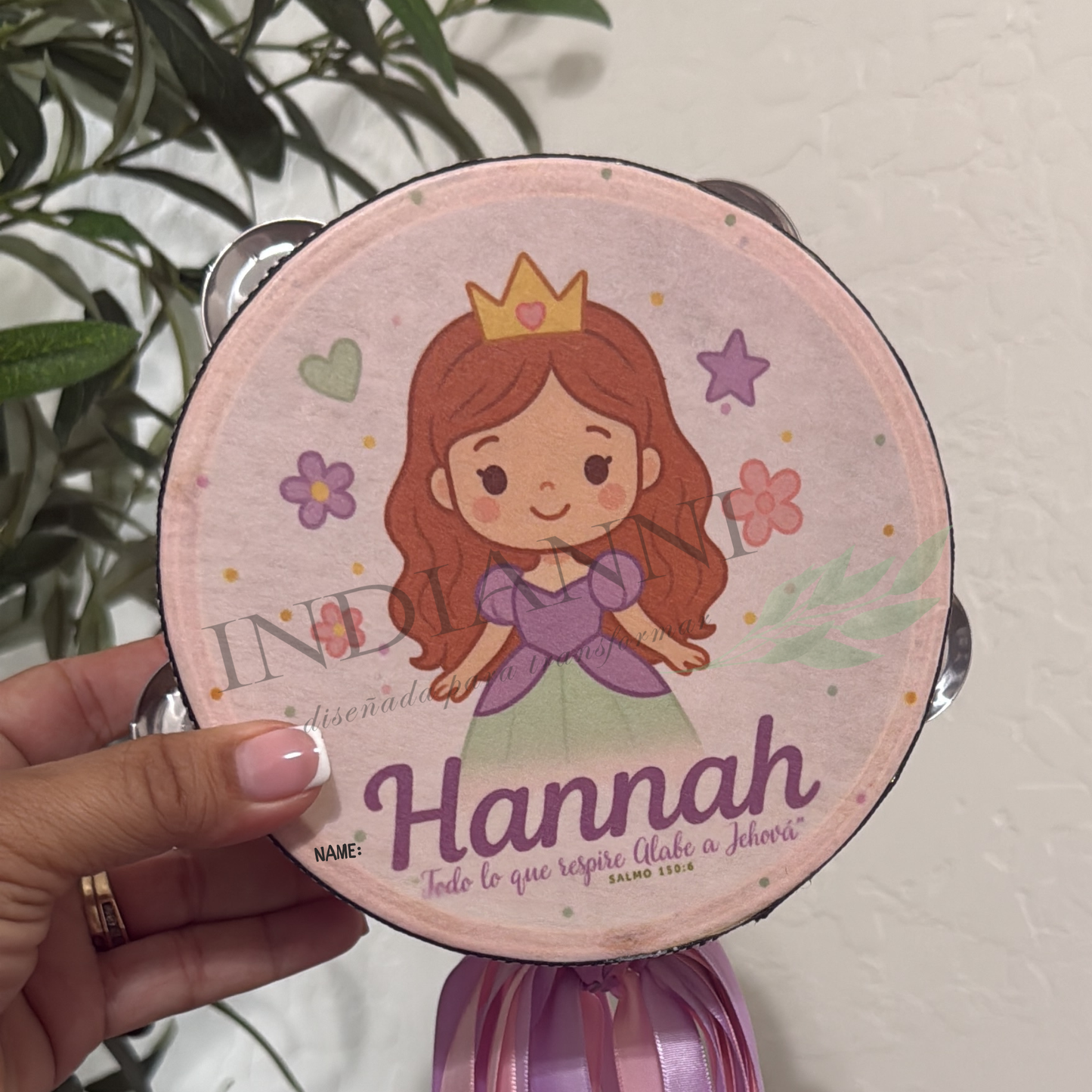 (Princess with Flowers) Custom Text Tambourine for girls 6in
