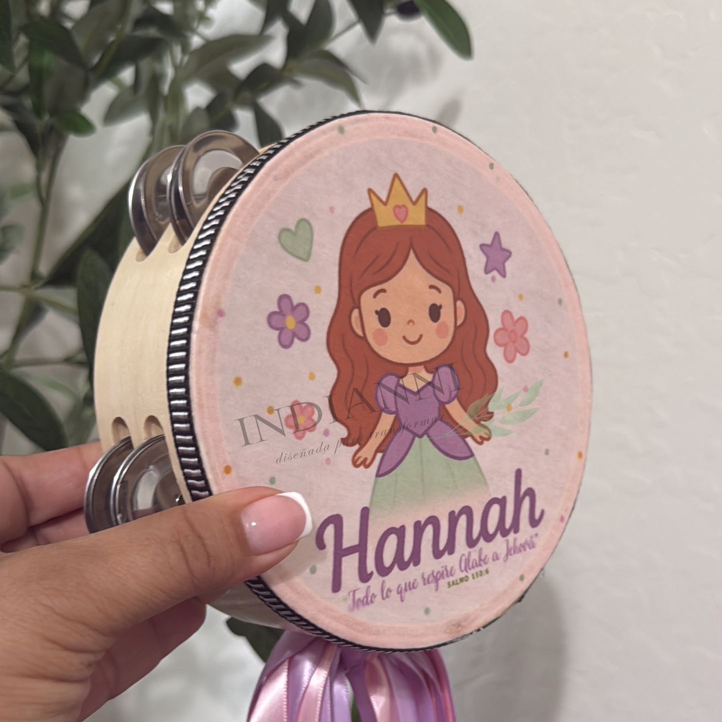 (Princess with Flowers) Custom Text Tambourine for girls 6in