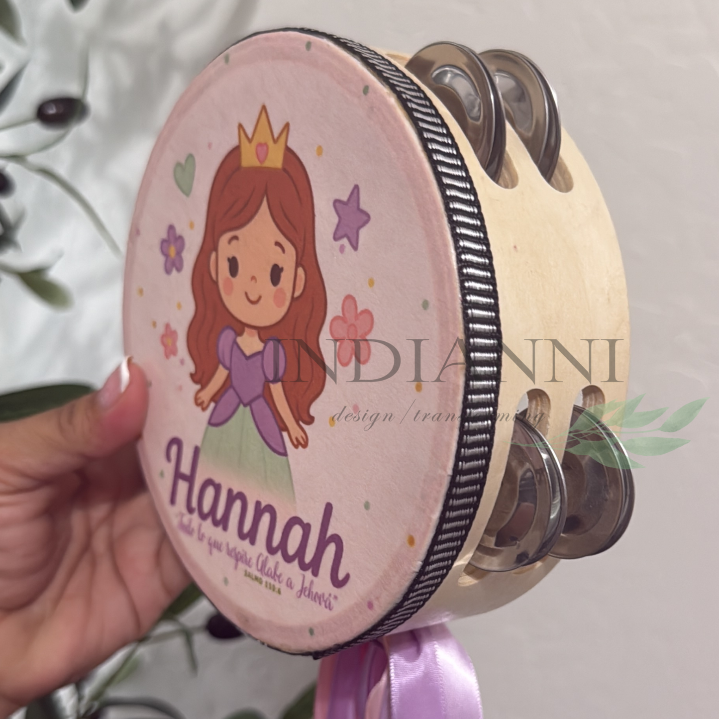 (Princess with Flowers) Custom Text Tambourine for girls 6in